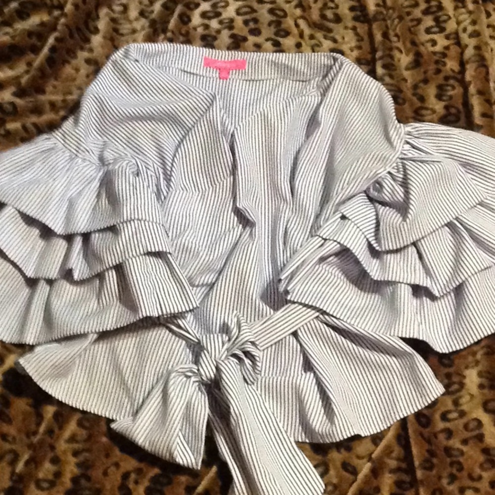 White with Blue Stripes Ruffle Sleeve